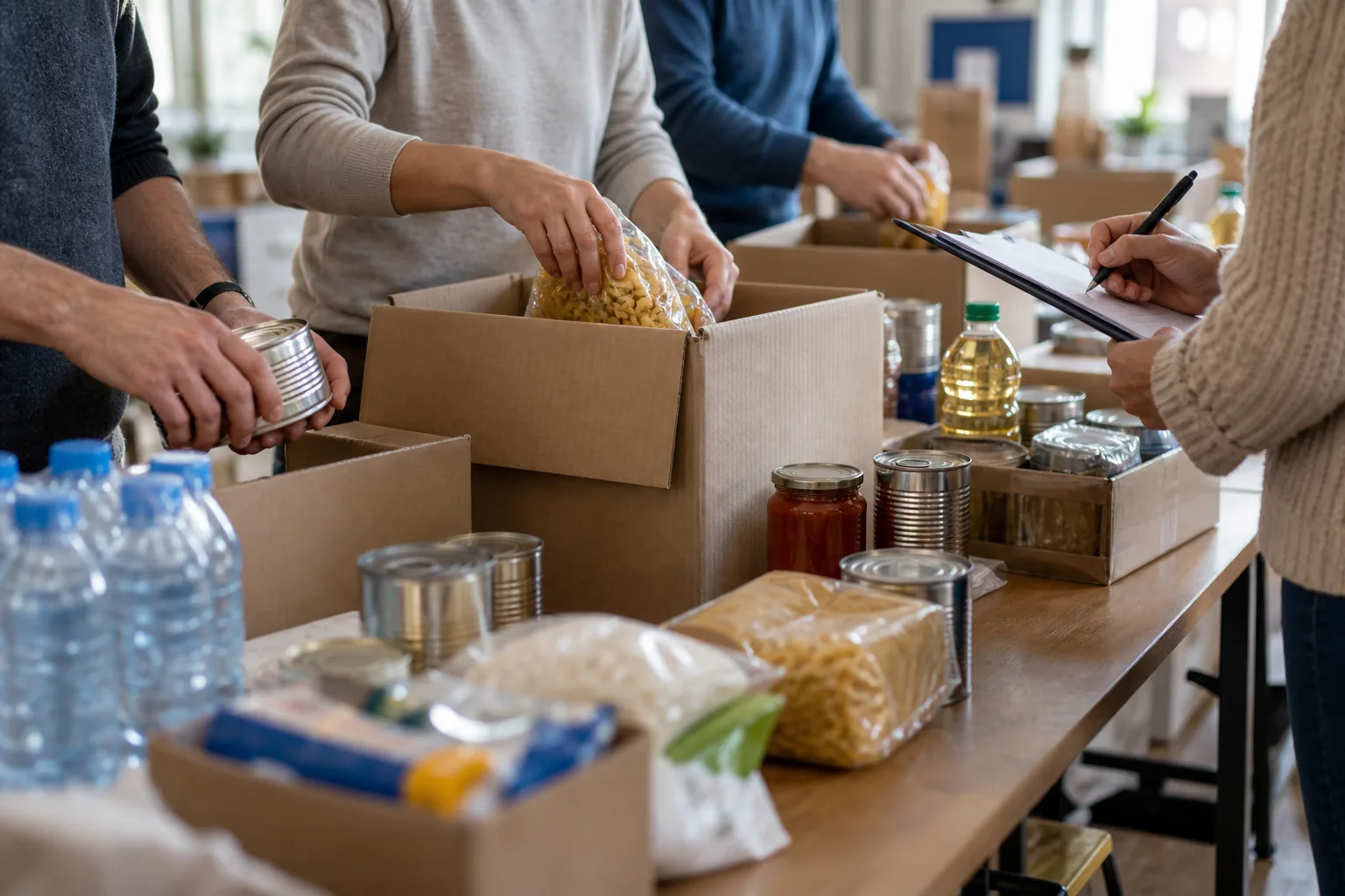 Volunteers packing food and supplies for distribution