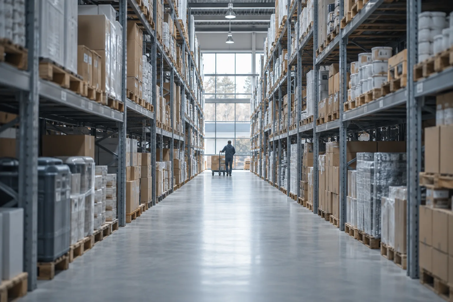 Warehouse aisles with stocked shelves and a worker moving goods