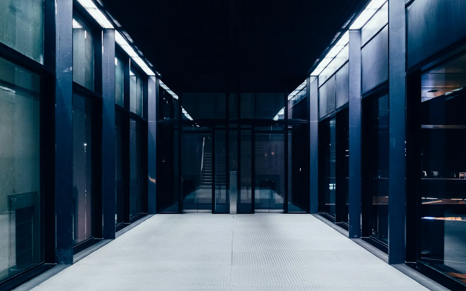 A corridor of glass doors and steel framing, receding into shadow